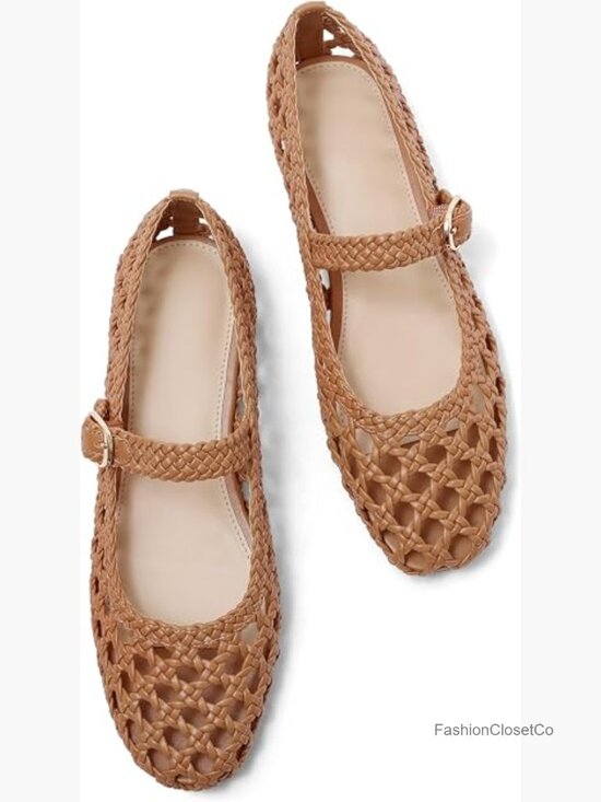 Shoes - Woven Mesh Ballet Flats Square Toe Buckle Strap Comfort Memory Foam Dress Flats